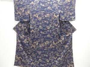 未使用品　縮緬地家屋に樹木模様小紋着物